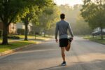 Homme de dos étirant son quadriceps au milieu d'une rue résidentielle arborée