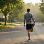Homme de dos étirant son quadriceps au milieu d'une rue résidentielle arborée