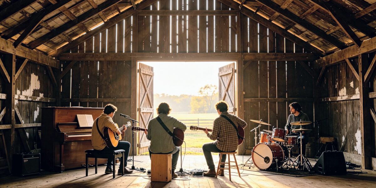 Quatre musiciens jouant de la guitare et de la batterie dans une grange rustique face à un champ ensoleillé