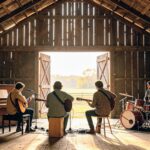 Quatre musiciens jouant de la guitare et de la batterie dans une grange rustique face à un champ ensoleillé