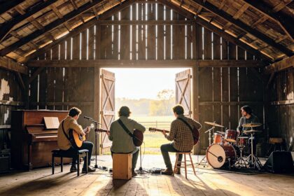 Quatre musiciens jouant de la guitare et de la batterie dans une grange rustique face à un champ ensoleillé
