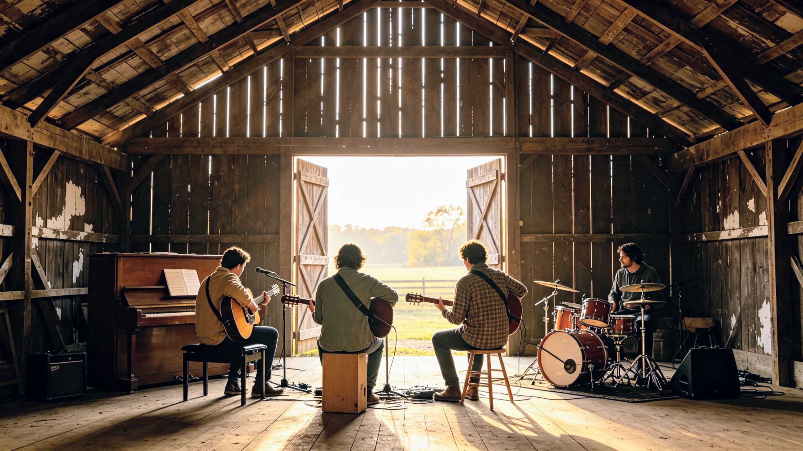 Quatre musiciens jouant de la guitare et de la batterie dans une grange rustique face à un champ ensoleillé