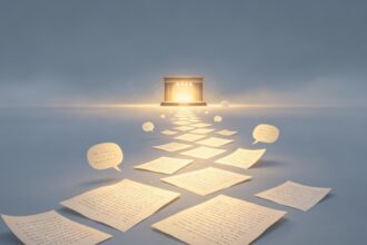 Chemin de feuilles manuscrites et de bulles de dialogue menant vers une scène de théâtre illuminée