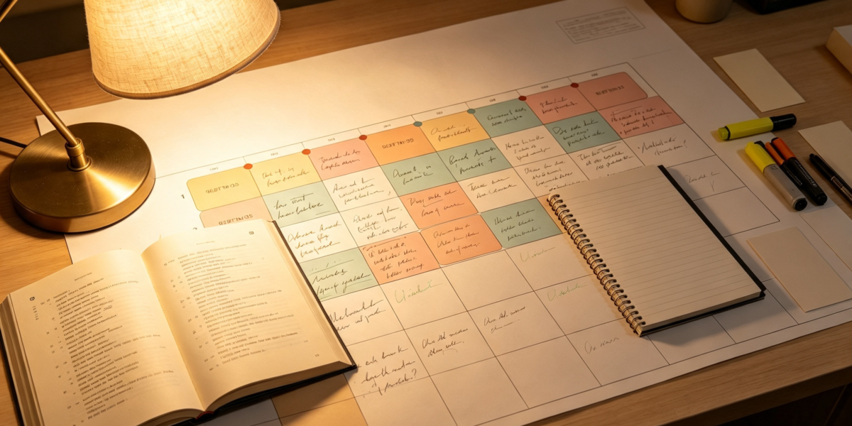 Bureau éclairé par une lampe avec un grand calendrier manuscrit, un livre ouvert et un cahier à spirales