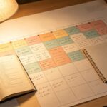 Bureau éclairé par une lampe avec un grand calendrier manuscrit, un livre ouvert et un cahier à spirales