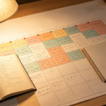 Bureau éclairé par une lampe avec un grand calendrier manuscrit, un livre ouvert et un cahier à spirales