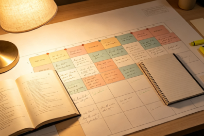 Bureau éclairé par une lampe avec un grand calendrier manuscrit, un livre ouvert et un cahier à spirales