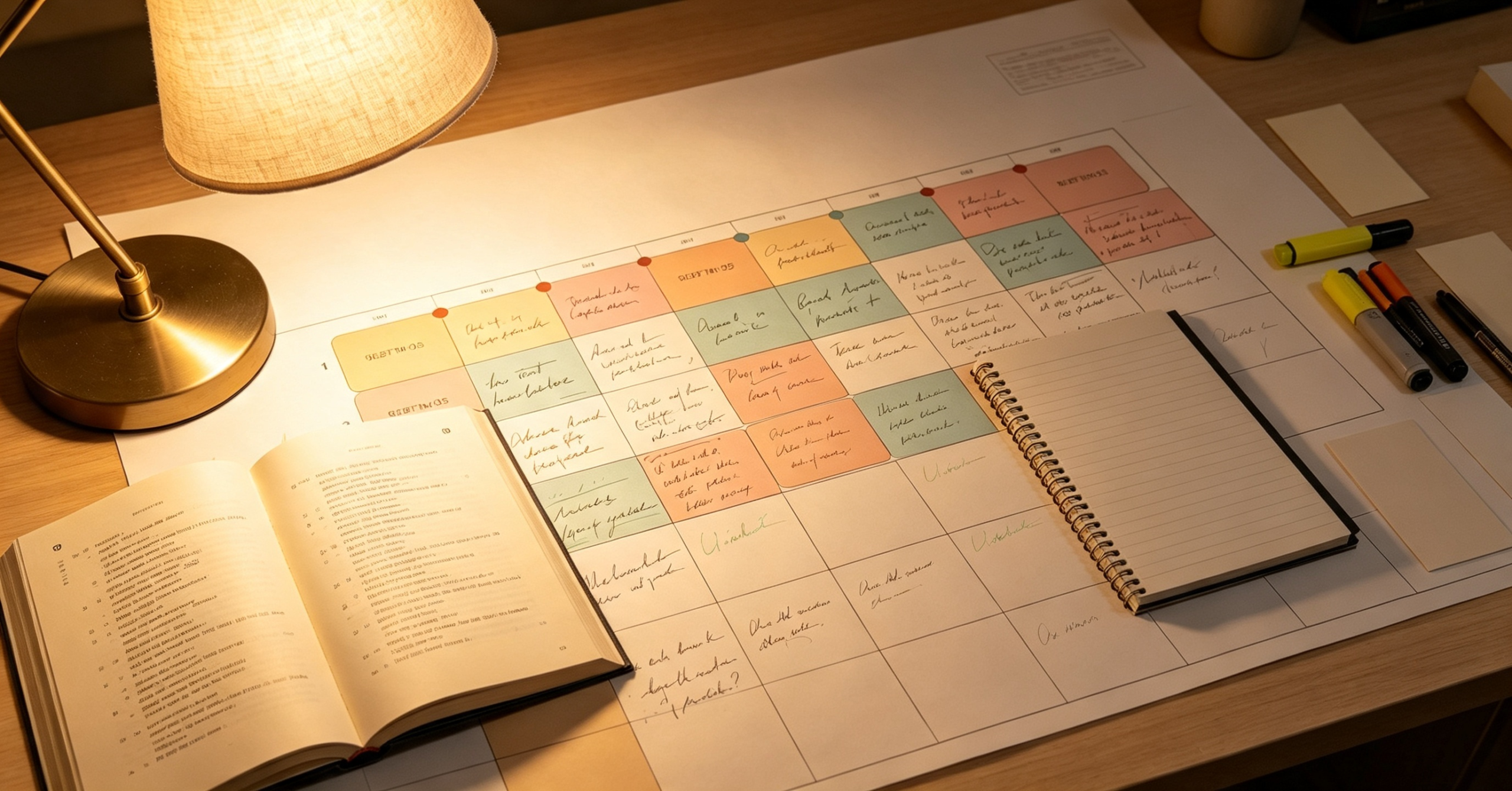 Bureau éclairé par une lampe avec un grand calendrier manuscrit, un livre ouvert et un cahier à spirales