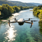 Drone gris survolant une rivière limpide entourée de collines verdoyantes