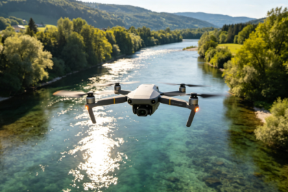 Drone gris survolant une rivière limpide entourée de collines verdoyantes