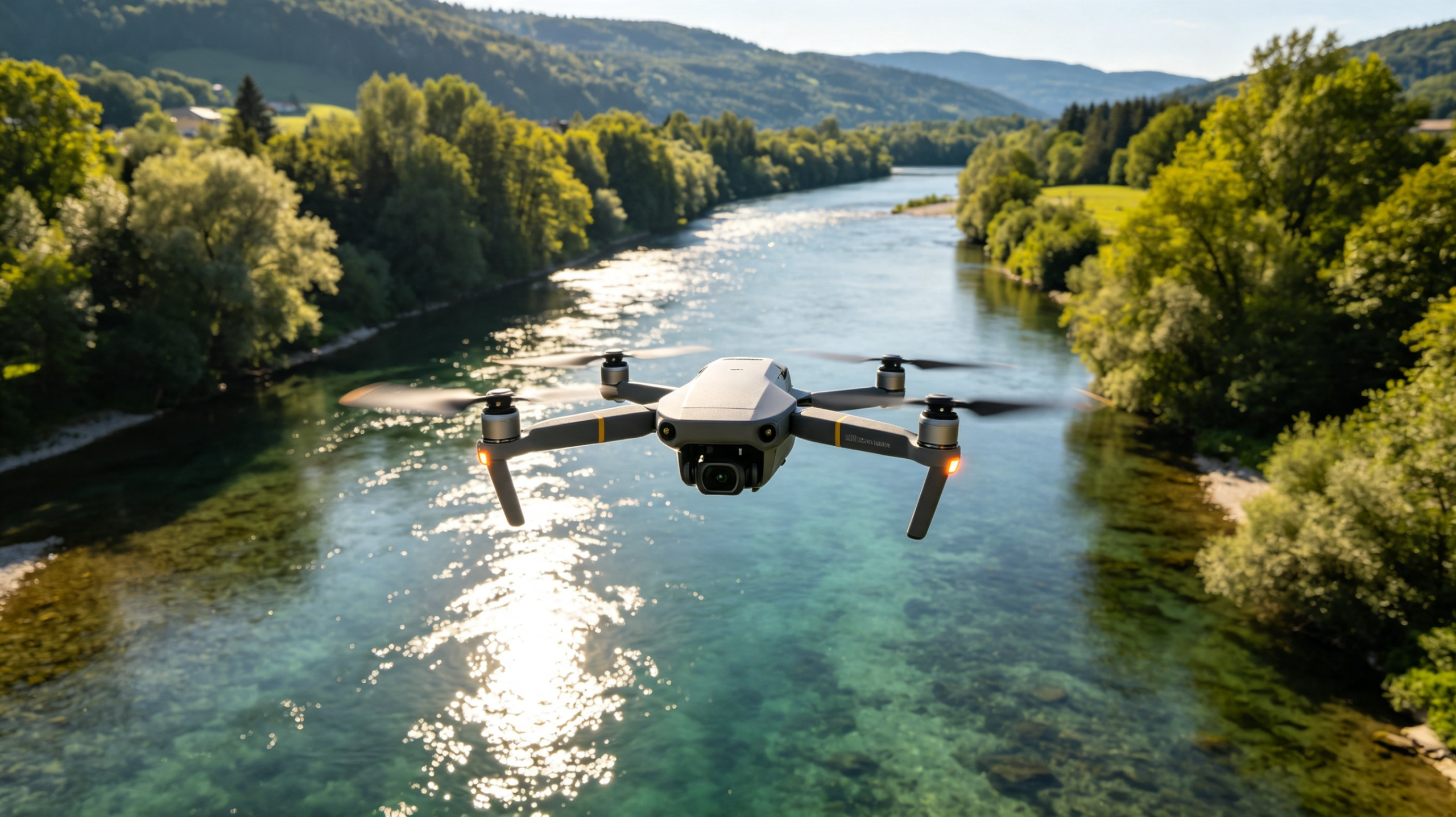 Drone gris survolant une rivière limpide entourée de collines verdoyantes