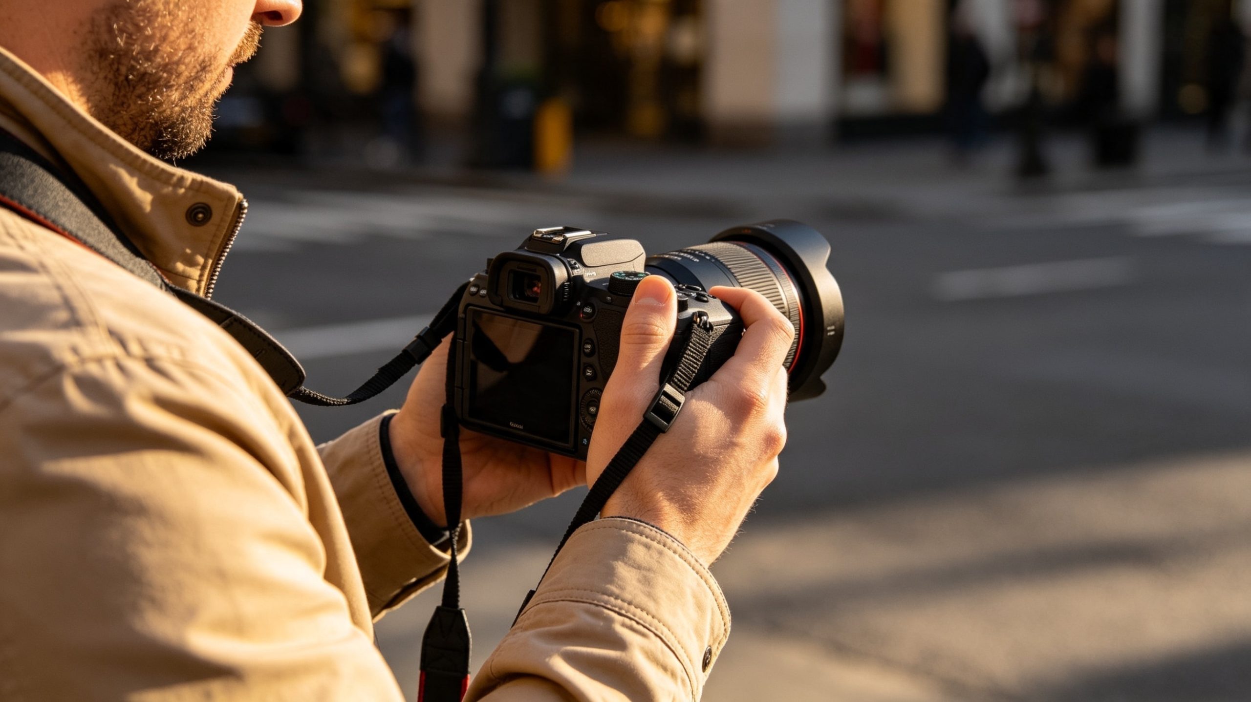 Un photographe tenant un appareil photo professionnel dans une rue urbaine à la lumière du soir