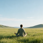 Homme méditant en position du lotus dans une vaste prairie verdoyante face à des collines
