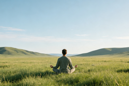 Homme méditant en position du lotus dans une vaste prairie verdoyante face à des collines