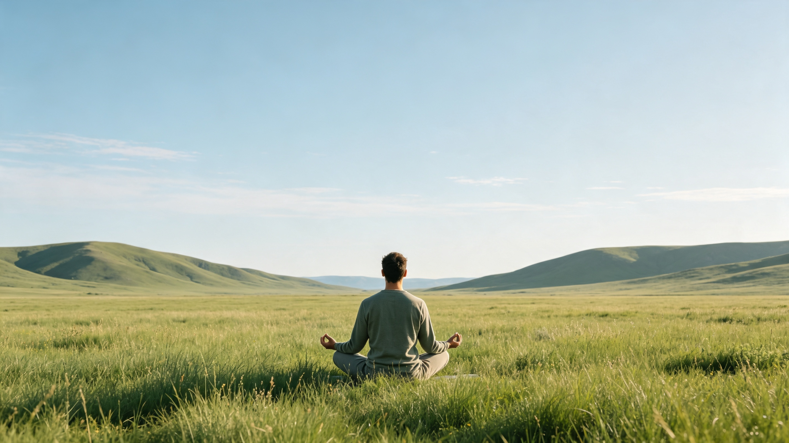 Homme méditant en position du lotus dans une vaste prairie verdoyante face à des collines