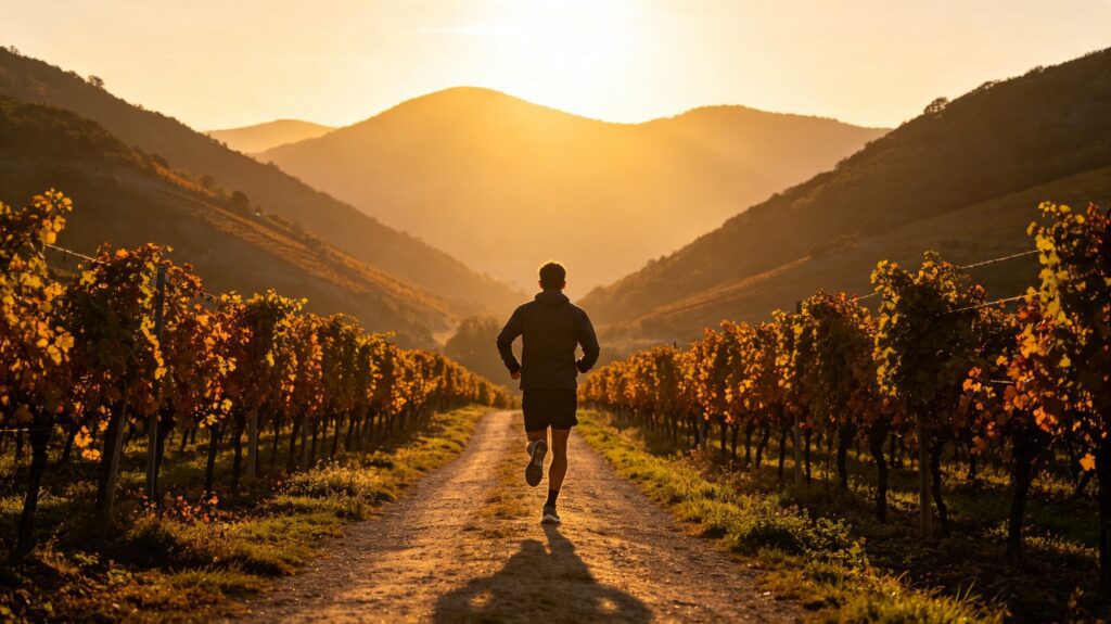 Un homme courant sur un chemin à travers un vignoble au coucher du soleil