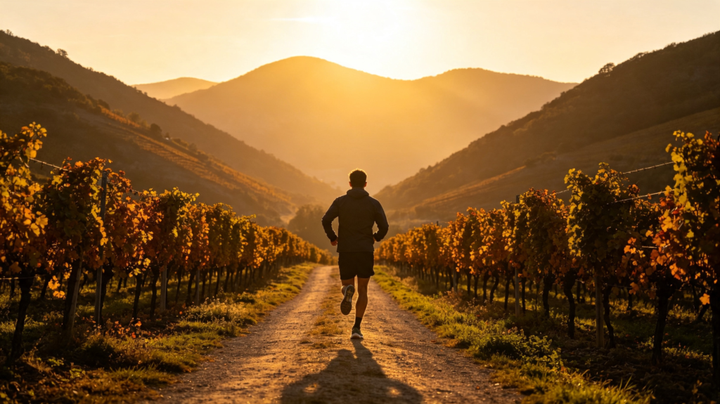 Un homme courant sur un chemin à travers un vignoble au coucher du soleil