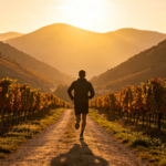 Un homme courant sur un chemin à travers un vignoble au coucher du soleil