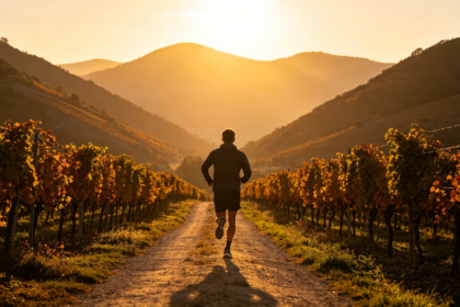 Un homme courant sur un chemin à travers un vignoble au coucher du soleil