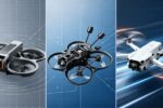 Trois modèles de drones présentés côte à côte : deux drones FPV avec protections d'hélices et un drone compact en vol