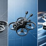 Trois modèles de drones présentés côte à côte : deux drones FPV avec protections d'hélices et un drone compact en vol