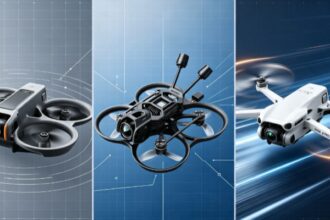 Trois modèles de drones présentés côte à côte : deux drones FPV avec protections d'hélices et un drone compact en vol