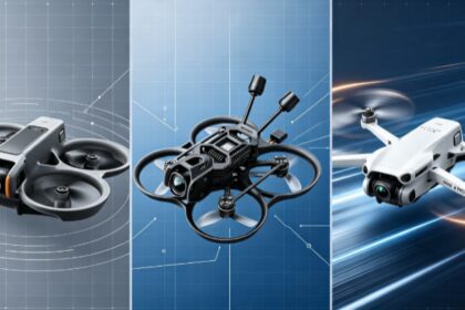 Trois modèles de drones présentés côte à côte : deux drones FPV avec protections d'hélices et un drone compact en vol