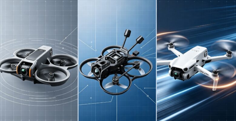 Trois modèles de drones présentés côte à côte : deux drones FPV avec protections d'hélices et un drone compact en vol