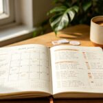 Bullet journal ouvert sur un bureau en bois, à côté d'un stylo-plume, d'une tasse de café et de stickers