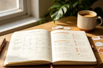 Bullet journal ouvert sur un bureau en bois, à côté d'un stylo-plume, d'une tasse de café et de stickers