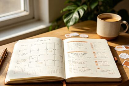 Bullet journal ouvert sur un bureau en bois, à côté d'un stylo-plume, d'une tasse de café et de stickers
