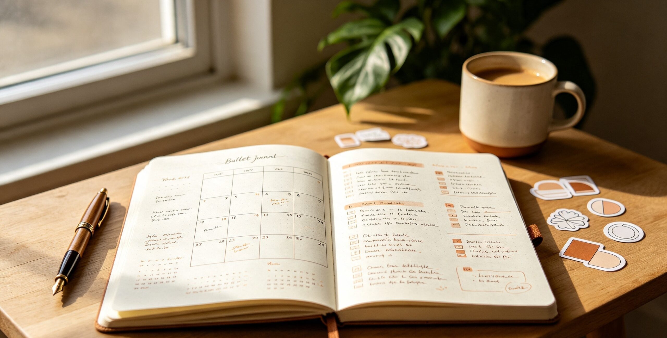 Bullet journal ouvert sur un bureau en bois, à côté d'un stylo-plume, d'une tasse de café et de stickers
