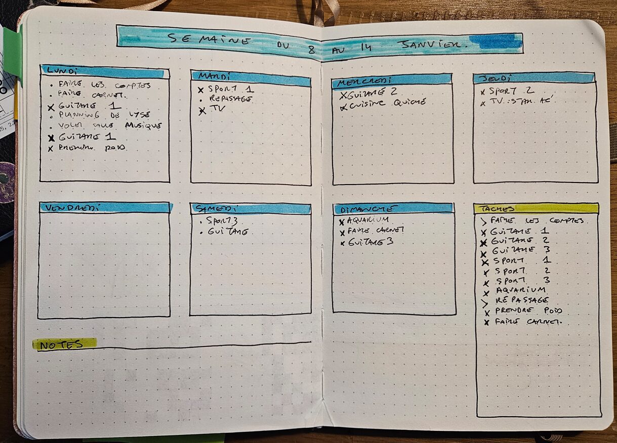 Page de bullet journal ouverte présentant une planification hebdomadaire du 8 au 14 janvier