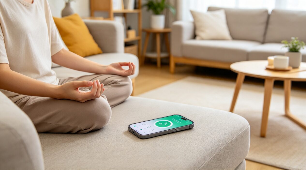 Une personne médite sur un canapé à côté d'un smartphone affichant une application de bien-être