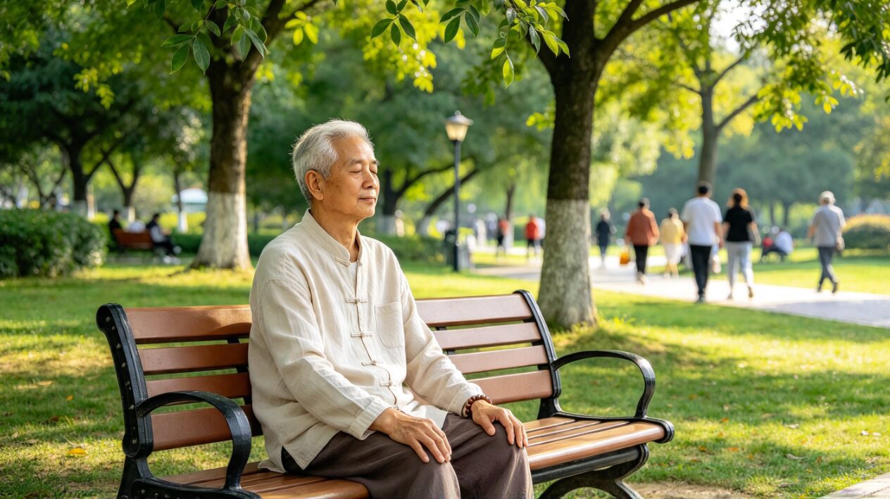 Un homme âgé médite tranquillement sur un banc dans un parc ensoleillé