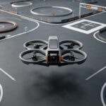 Drone compact à hélices protégées survolant un parcours d'obstacles