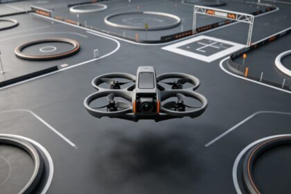 Drone compact à hélices protégées survolant un parcours d'obstacles