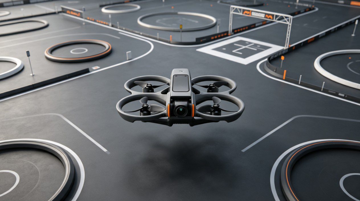 Drone compact à hélices protégées survolant un parcours d'obstacles
