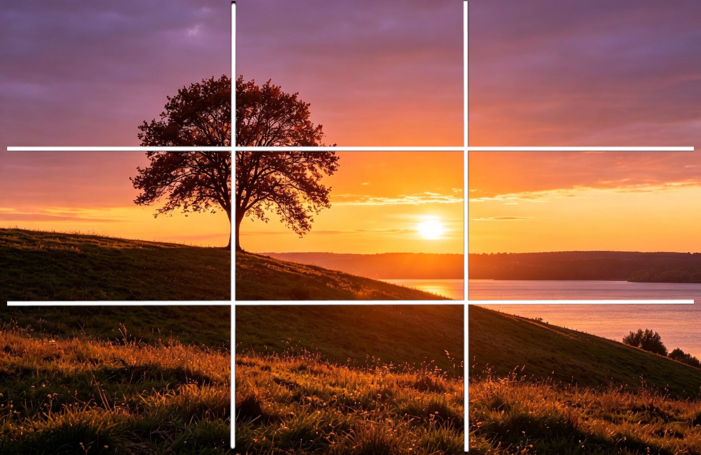Grille de la règle des tiers superposée sur un paysage avec un arbre au coucher du soleil