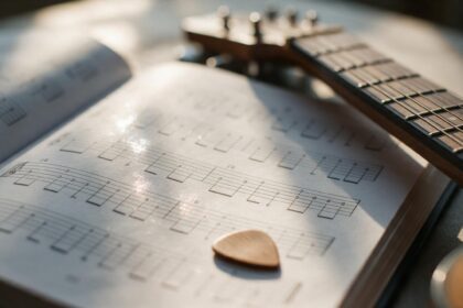 Manche de guitare et médiator posés sur un livre de partitions ouvert