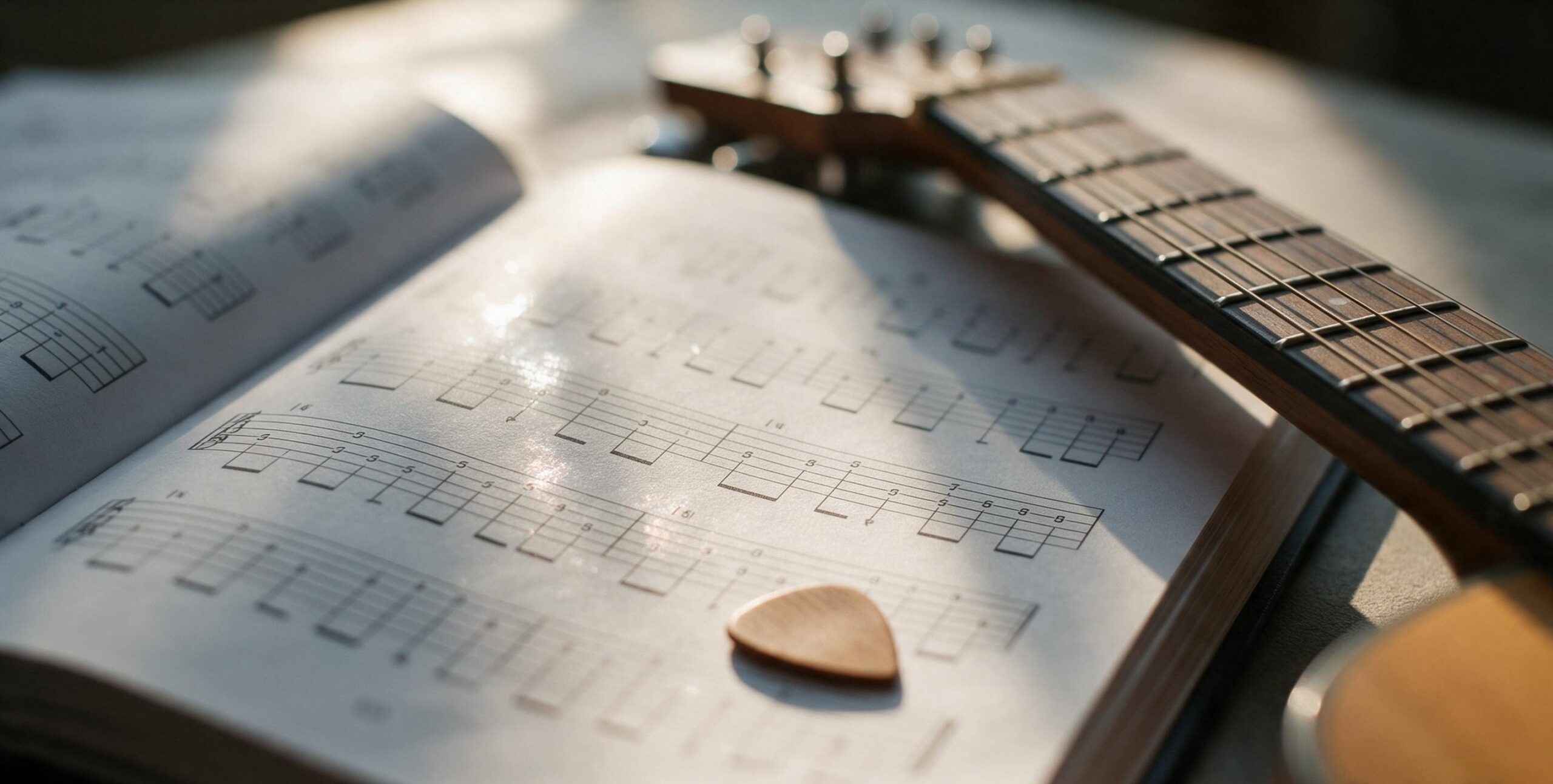 Manche de guitare et médiator posés sur un livre de partitions ouvert