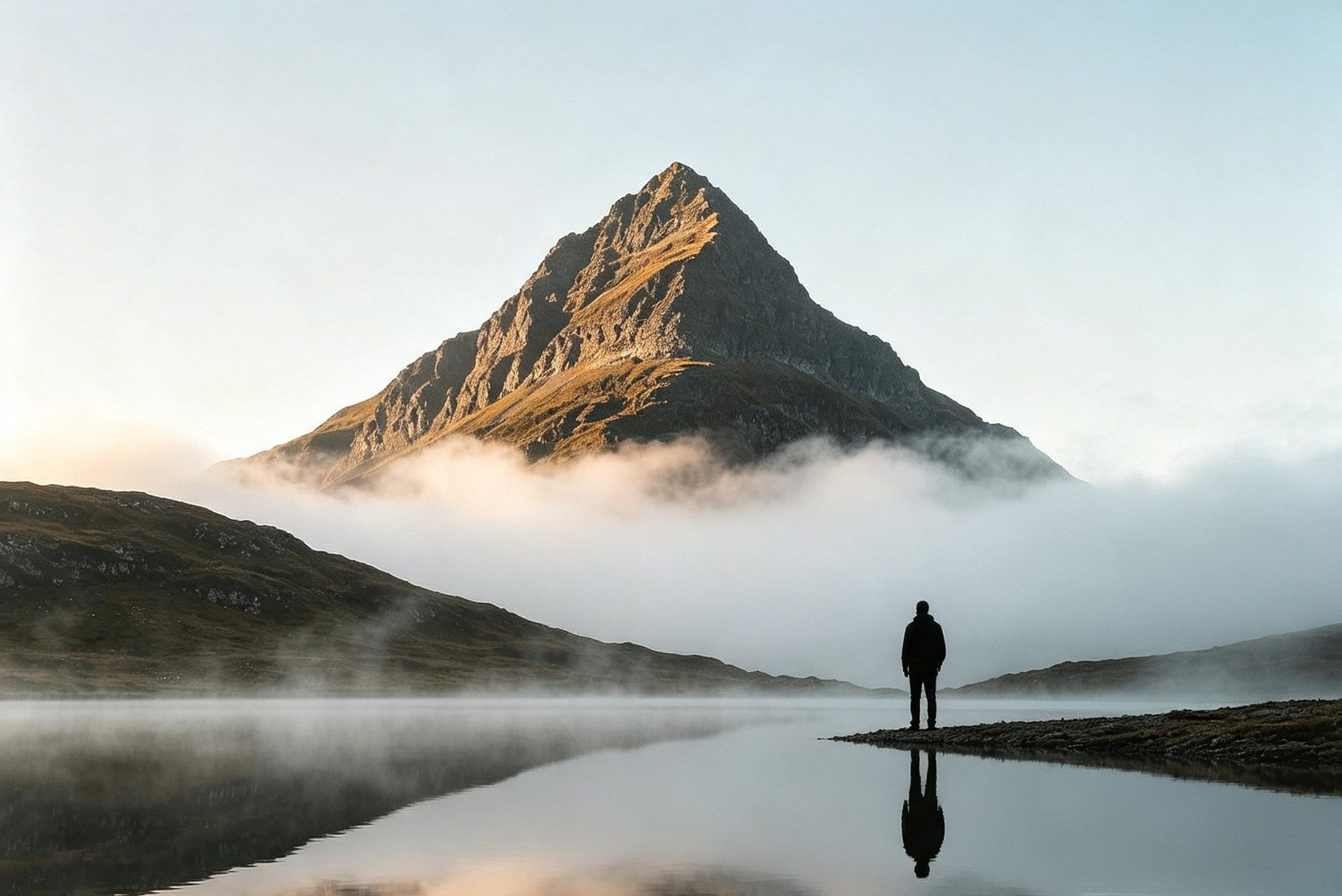 Silhouette d'une personne au bord d'un lac calme face à un sommet montagneux émergeant de la brume