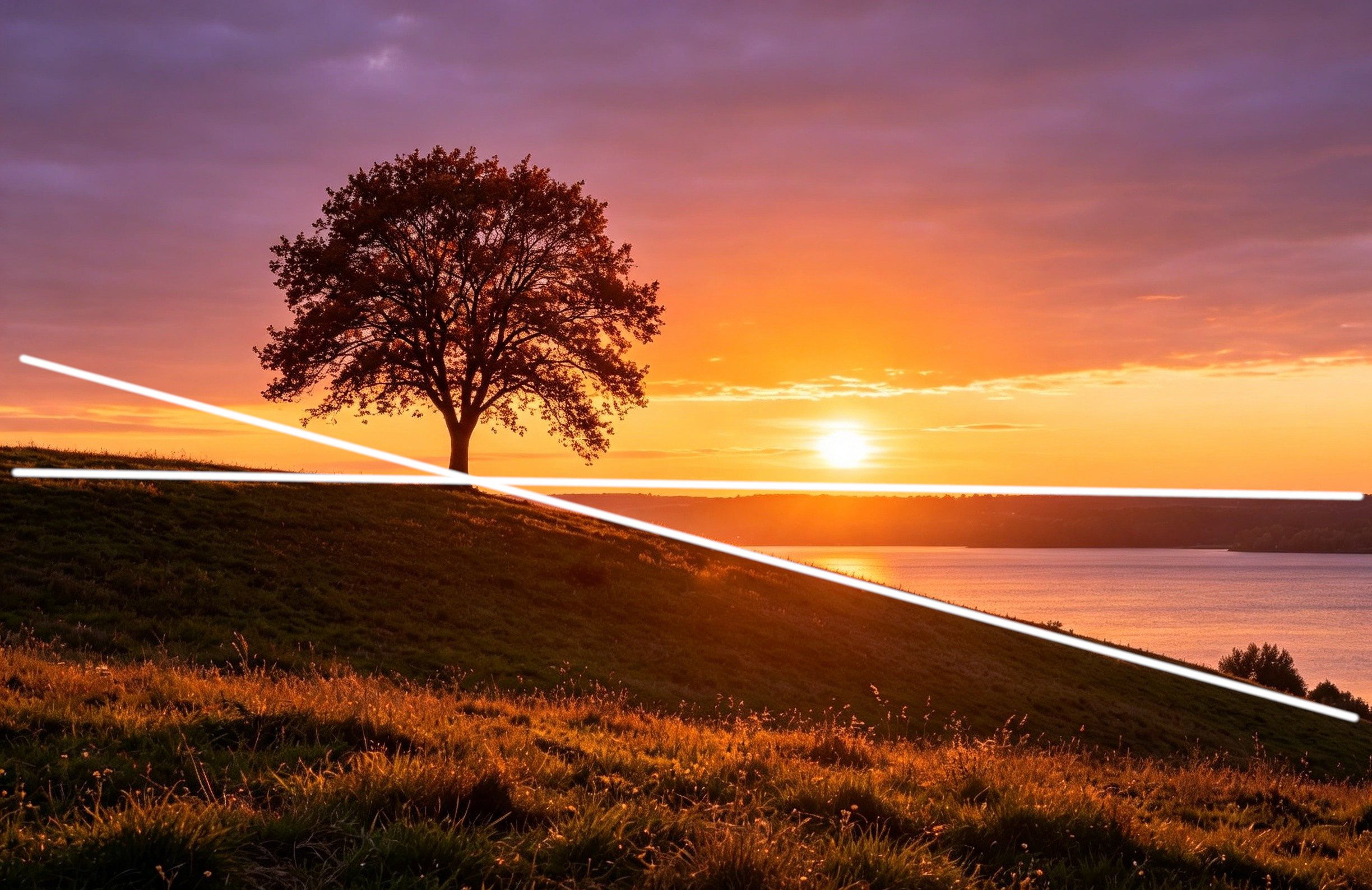 Arbre sur une colline au coucher du soleil avec des lignes blanches soulignant la ligne d'horizon et la pente du terrain