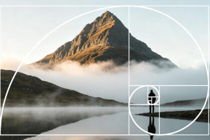 Spirale du nombre d'or superposée sur un paysage de montagne avec une silhouette au bord d'un lac