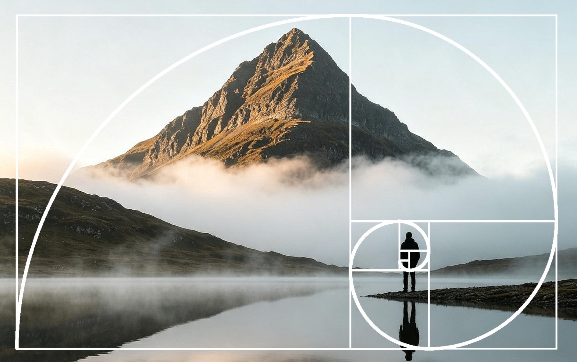 Spirale du nombre d'or superposée sur un paysage de montagne avec une silhouette au bord d'un lac