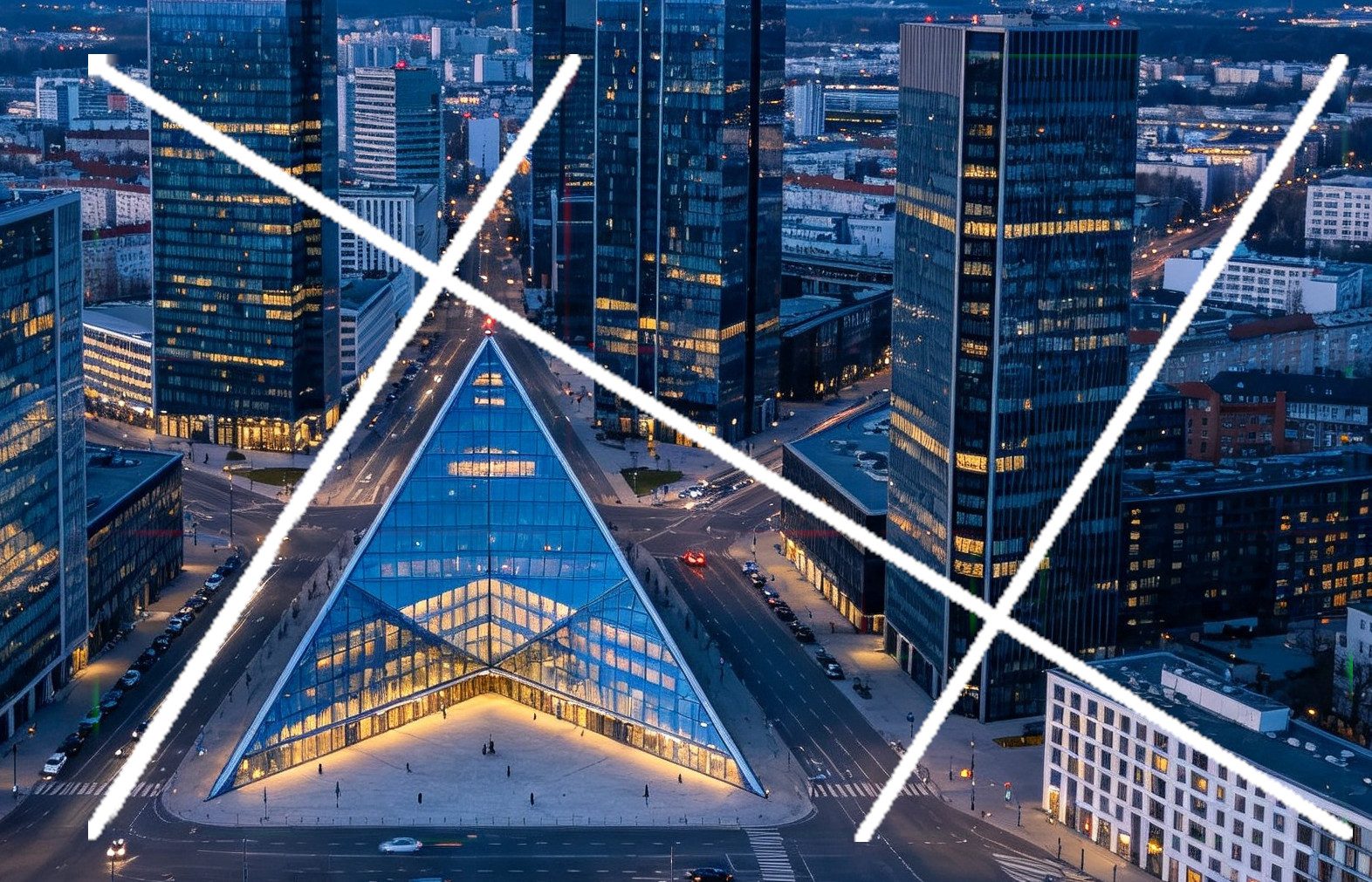 Quartier d'affaires illuminé la nuit avec des gratte-ciel et un bâtiment pyramidal en verre au centre