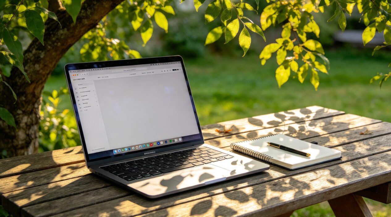 Ordinateur portable ouvert, cahier à spirale et stylo posés sur une table en bois à l'ombre d'un arbre