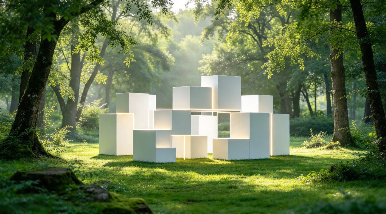 Installation de cubes blancs lumineux empilés au milieu d'une forêt ensoleillée