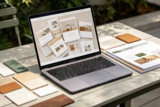 Ordinateur portable affichant un design web, entouré d'échantillons de matériaux sur une table en extérieur