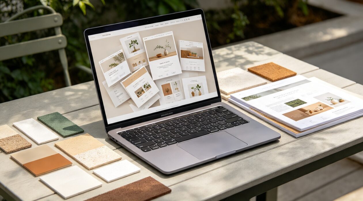 Ordinateur portable affichant un design web, entouré d'échantillons de matériaux sur une table en extérieur